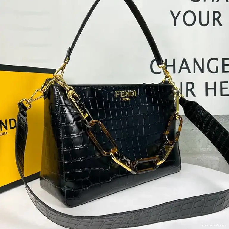 Cheap Crocodile Bag Leather Black Zip In Fendi O'Lock Shoulder 0430